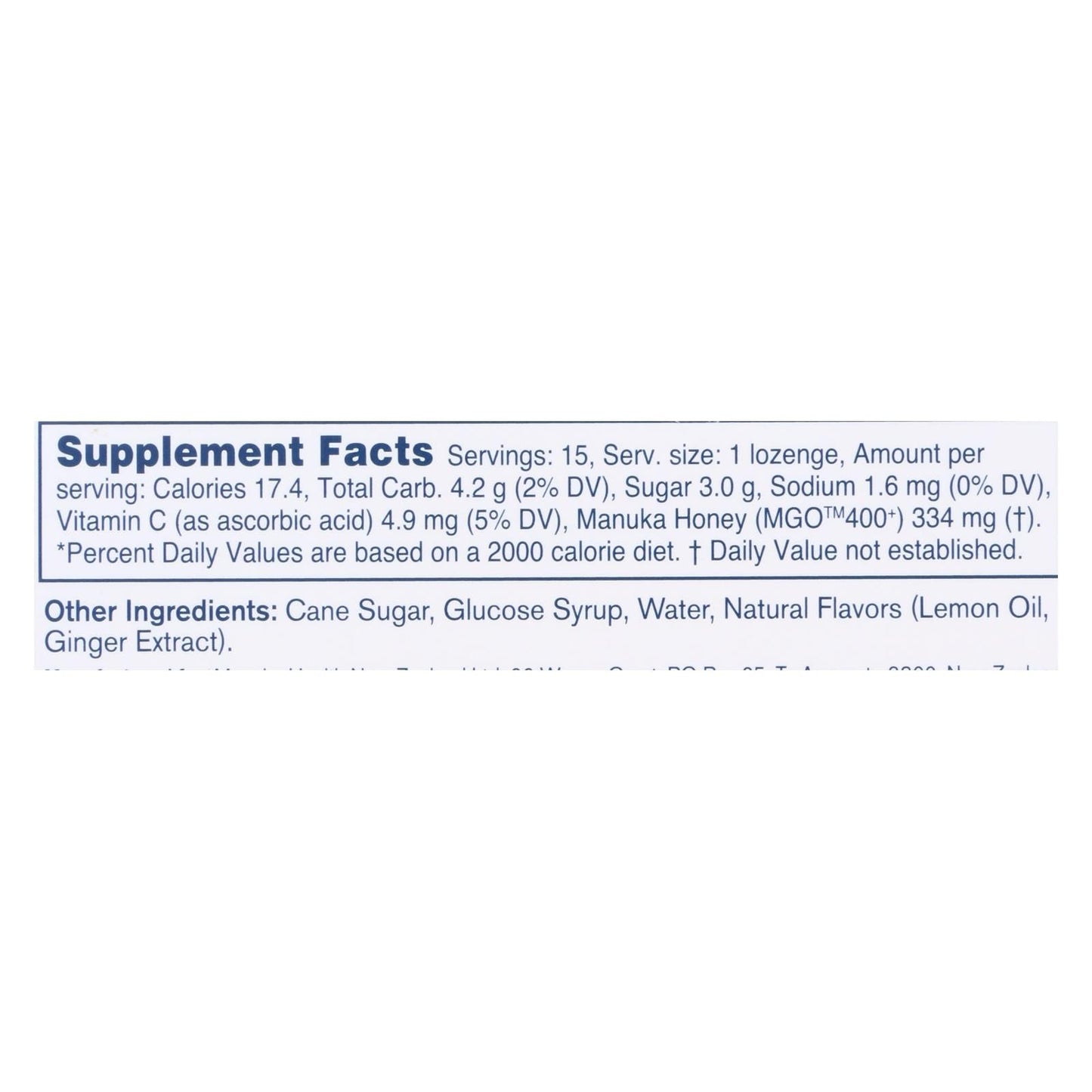 Manuka Health MGO 400+ Honey Lemon Ginger Lozenges 15 Ct