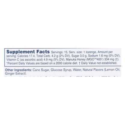 Manuka Health MGO 400+ Honey Lemon Ginger Lozenges 15 Ct