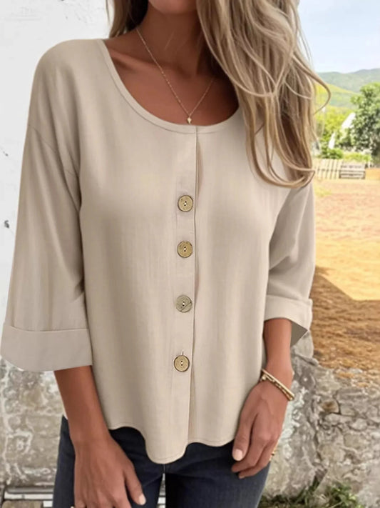 Button-Front 3/4 Sleeve Plus Size Casual Top