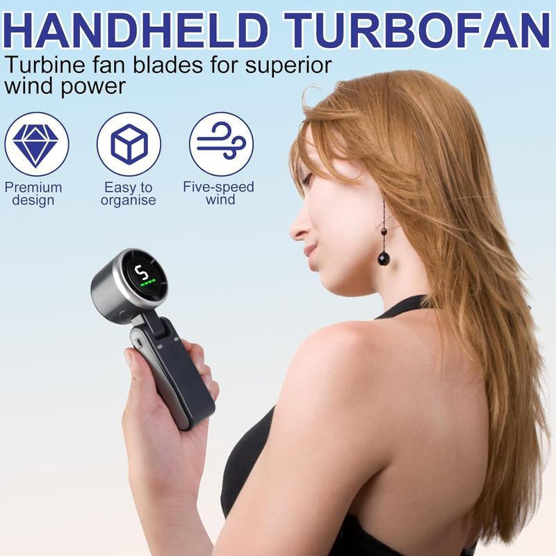 Portable Handheld Turbo Fan, 5 Gear Wind,4000Mah Battery Operated, up to 10 Working Hours, 3 in 1 Hand Fan Rechargeable with Air Turbo Tech Cooling Fan for Outdoor Activities, Travel