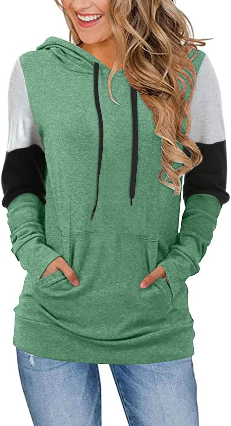 Women'S Casual Drawstring Pullover Tunic Top Long Sleeve Color Block Hoodie Sweatshirts with Pocket