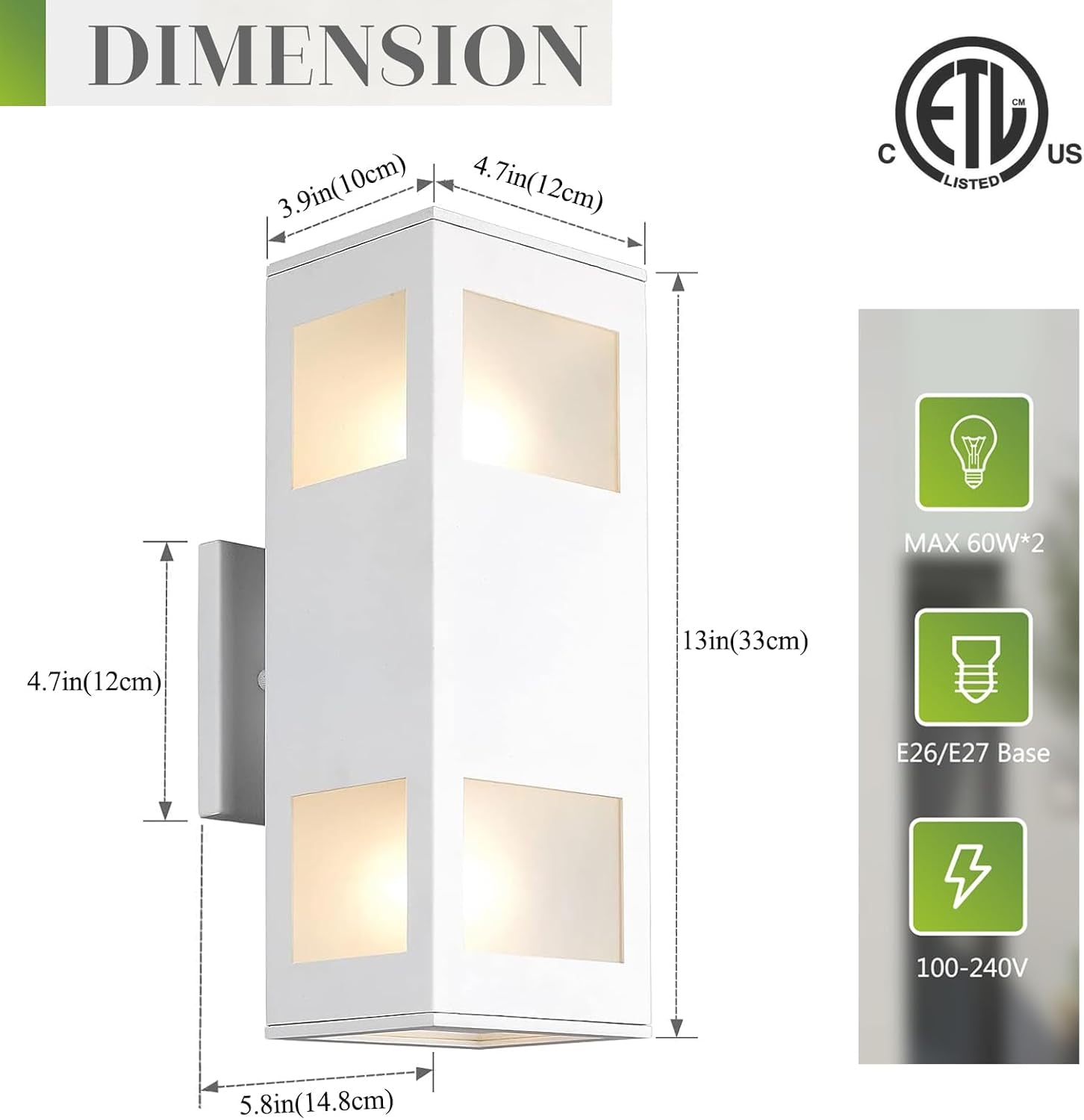Porch Lights Outdoor Modern - IP64 Waterproof Aluminum and Tempered Glass Cover, 13" Rectangular Up/Down Wall Sconce for Porch, Garage & Patio, Exterior Lighting, White, 2 Pack
