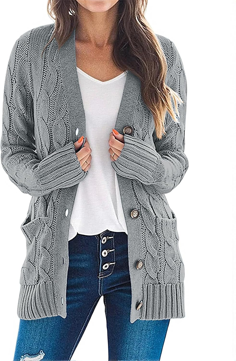 Women'S 2025 Fall Long Sleeve Cable Knit Sweater Open Front Cardigan Button Loose Outerwear