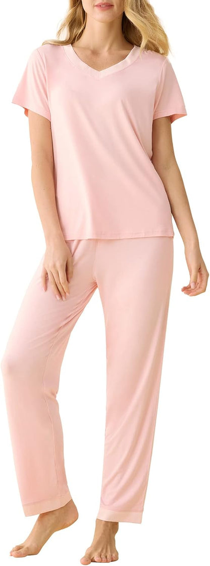Women'S V-Neck Sleepwear Short Sleeves Top with Pants Pajama Set