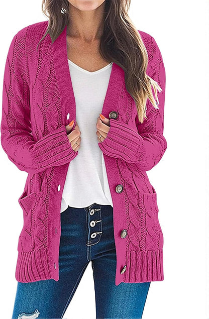 Women'S 2025 Fall Long Sleeve Cable Knit Sweater Open Front Cardigan Button Loose Outerwear