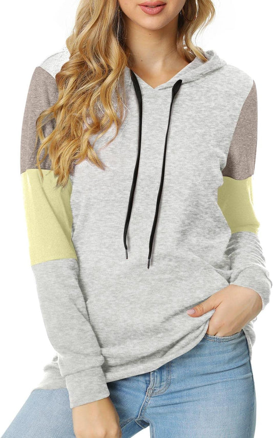Women'S Casual Drawstring Pullover Tunic Top Long Sleeve Color Block Hoodie Sweatshirts with Pocket