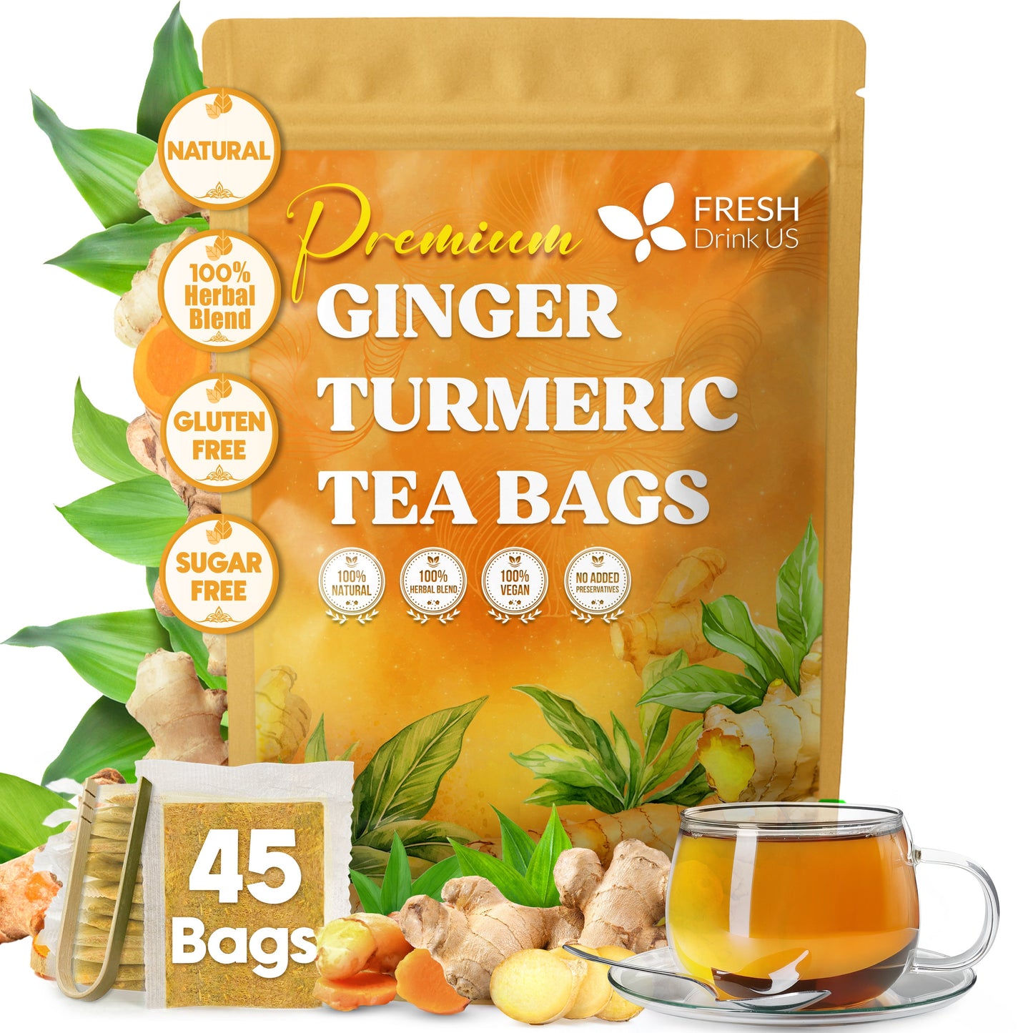 Premium Ginger Turmeric Tea Bags, Hand-made Blend of Ginger and Turmeric Herbal Tea, Eco-conscious Tea Bags. No Sugar, No Caffeine, No Gluten, Vegan.