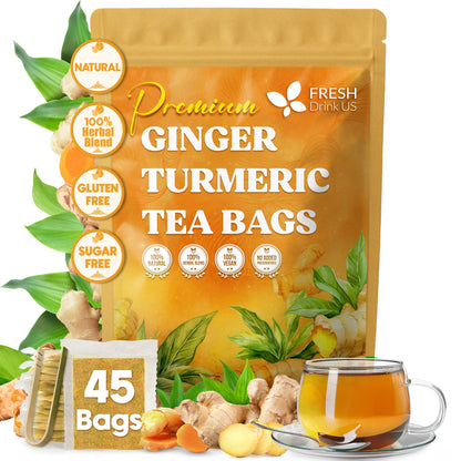 Premium Ginger Turmeric Tea Bags, Hand-made Blend of Ginger and Turmeric Herbal Tea, Eco-conscious Tea Bags. No Sugar, No Caffeine, No Gluten, Vegan.