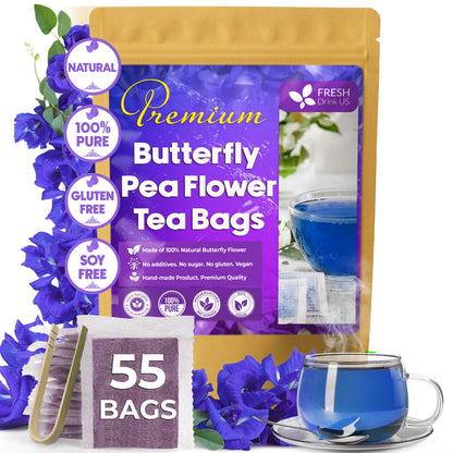 Premium Butterfly Pea Flowers, Tea Bags, 100% Natural and Pure from Butterfly Pea Flowers, Hand-made, Made With Natural Materials-Corn Fiber Tea Bag, Sugar/Caffeine/Gluten Free