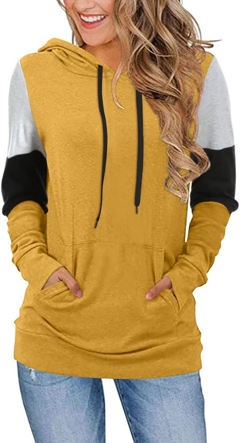Women'S Casual Drawstring Pullover Tunic Top Long Sleeve Color Block Hoodie Sweatshirts with Pocket