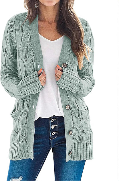 Women'S 2025 Fall Long Sleeve Cable Knit Sweater Open Front Cardigan Button Loose Outerwear