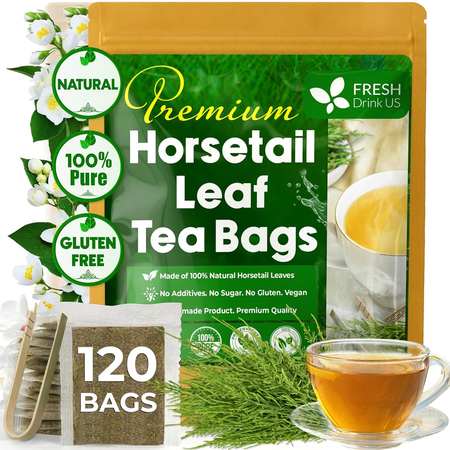 Premium Horsetail Leaf Tea Bags, 100% Natural & Pure from Horsetail Loose Leaves Herbal Tea. No Sugar, No Caffeine, No Gluten, Vegan.