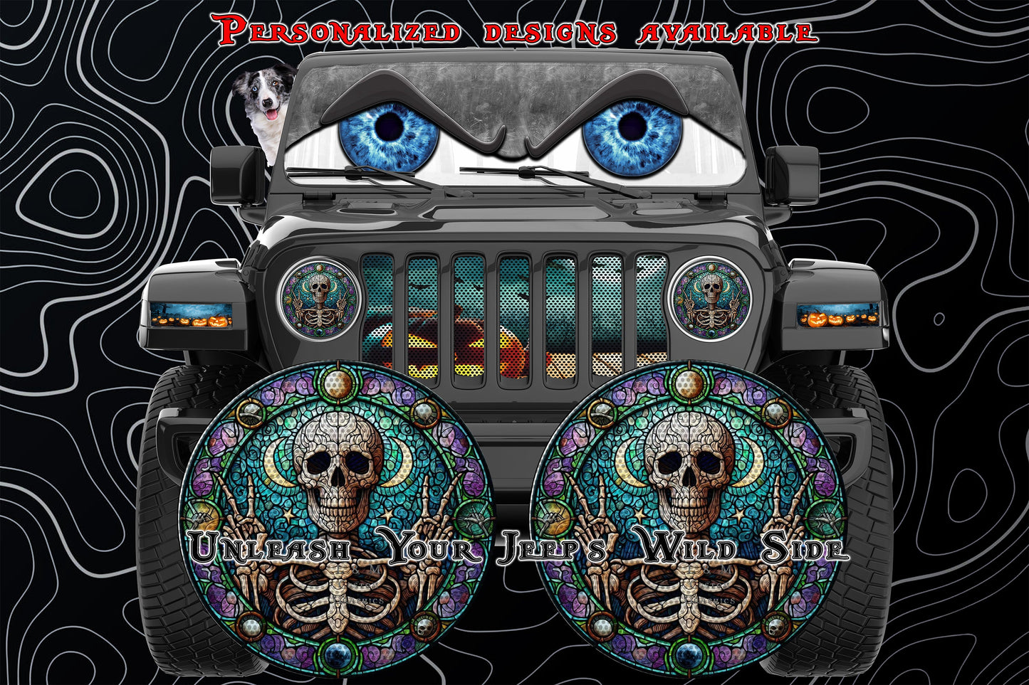 Skeleton jeep wave-stained glass round headlight decals