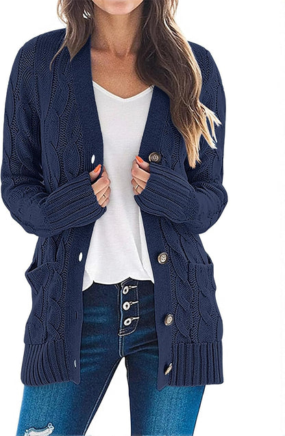 Women'S 2025 Fall Long Sleeve Cable Knit Sweater Open Front Cardigan Button Loose Outerwear