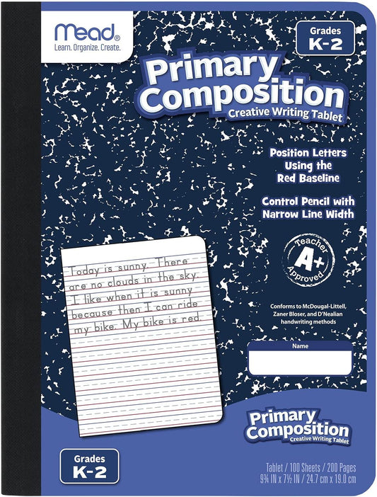 Primary Composition Book, Primary Ruled Journal, Grades K-2, 7-1/2" X 9-3/4", 100 Sheets, Blue Marble (09902)