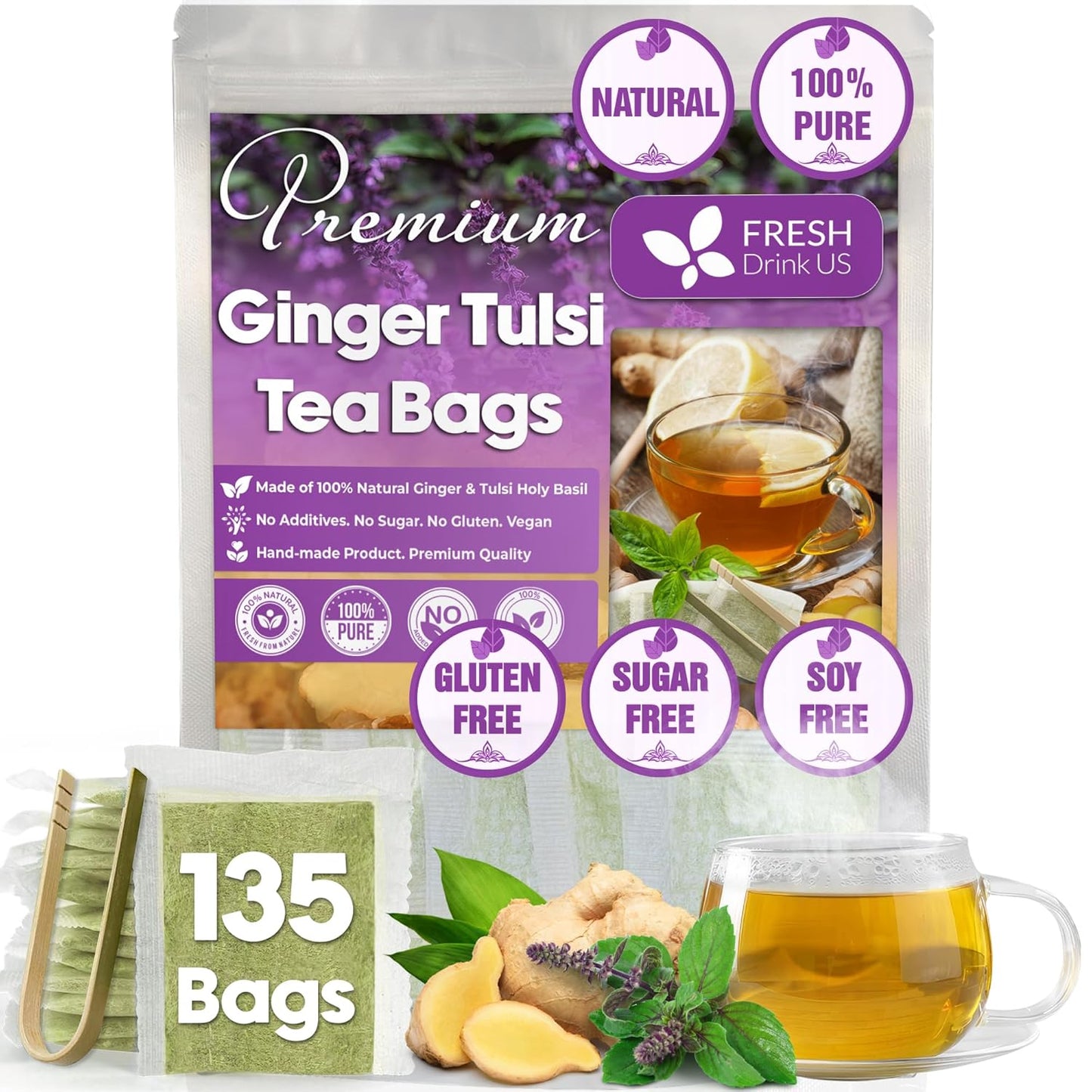 Premium Ginger Tulsi Tea Bags | Hand-made Blend of Ginger and Tulsi Holy Basil Leaves