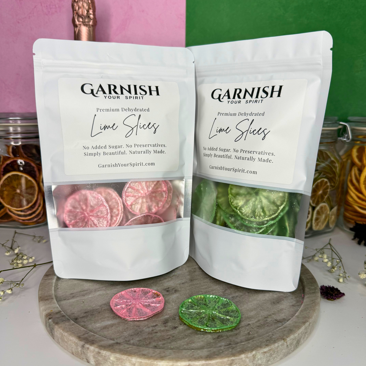 Wicked Inspired Pink and Green Luster Dust Dried Lime Garnish Set 2 Pack