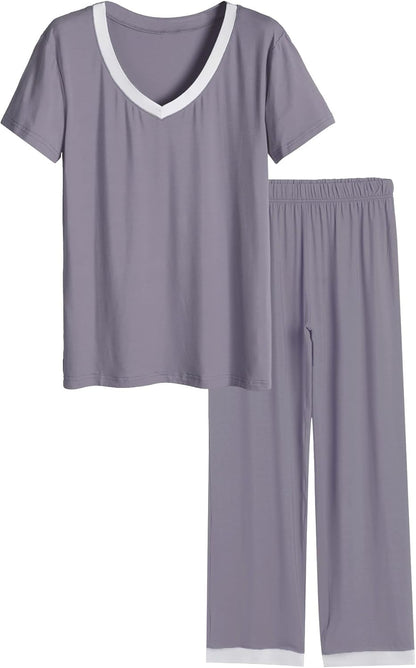 Women'S V-Neck Sleepwear Short Sleeves Top with Pants Pajama Set