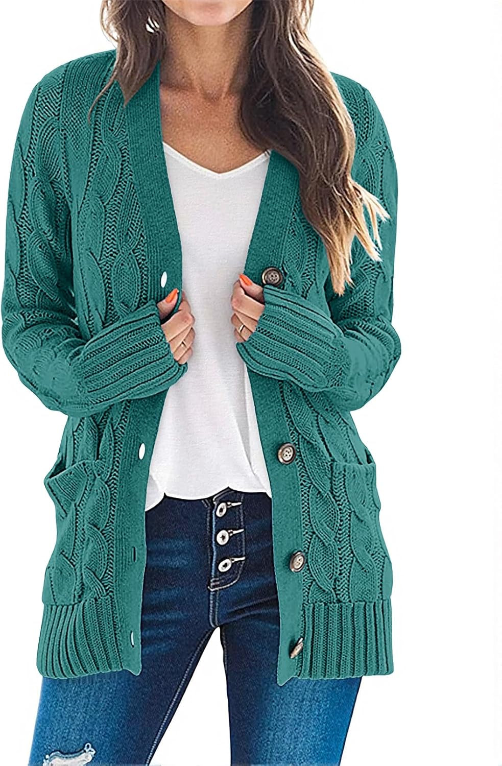 Women'S 2025 Fall Long Sleeve Cable Knit Sweater Open Front Cardigan Button Loose Outerwear