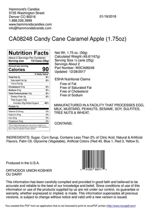 Hand-Spun Jumbo Candy Cane - Caramel Apple - 1.75 oz
