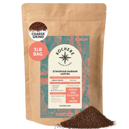 Kochere Coffee Ethiopian Harrar Coffee – Single Origin Natural Medium Roast - Fruity, Berry, Dark Chocolate Notes