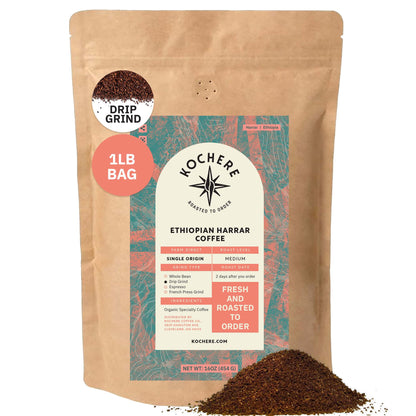 Kochere Coffee Ethiopian Harrar Coffee – Single Origin Natural Medium Roast - Fruity, Berry, Dark Chocolate Notes