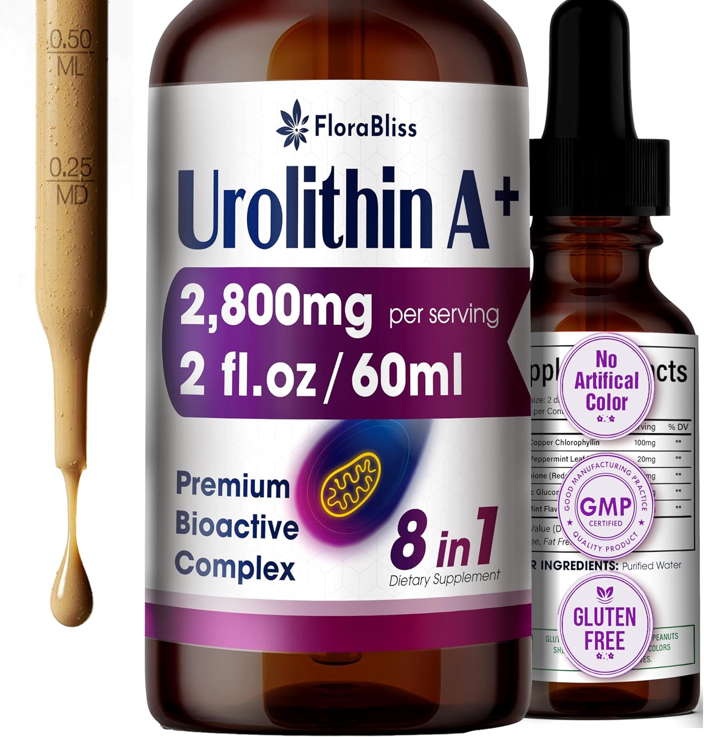 Urolithin A Supplement 2800 mg Liquid Drops | with Trans-Resveratrol, Collagen Peptides, Pomegranate Extract, Hyaluronic Acid, Vitamin E & C