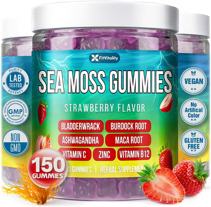 Sea Moss Gummies | Strawberry Flavor Vegan Gummies | Extra Rich 9-in-1 Formulation with Irish Sea Moss, Elderberry, Bladderwrack, Burdock, Ashwagandha, Maca, Zinc, B12 | Energy & Immune Support