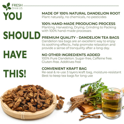 Dandelion Root Tea Bags, 100% Natural & Pure from Dandelion Root, Eco-Conscious Tea Bags, Dandelion Root Herbal Tea. Dandelion Root Tea. No Sugar, No Caffeine, No Gluten, Vegan.