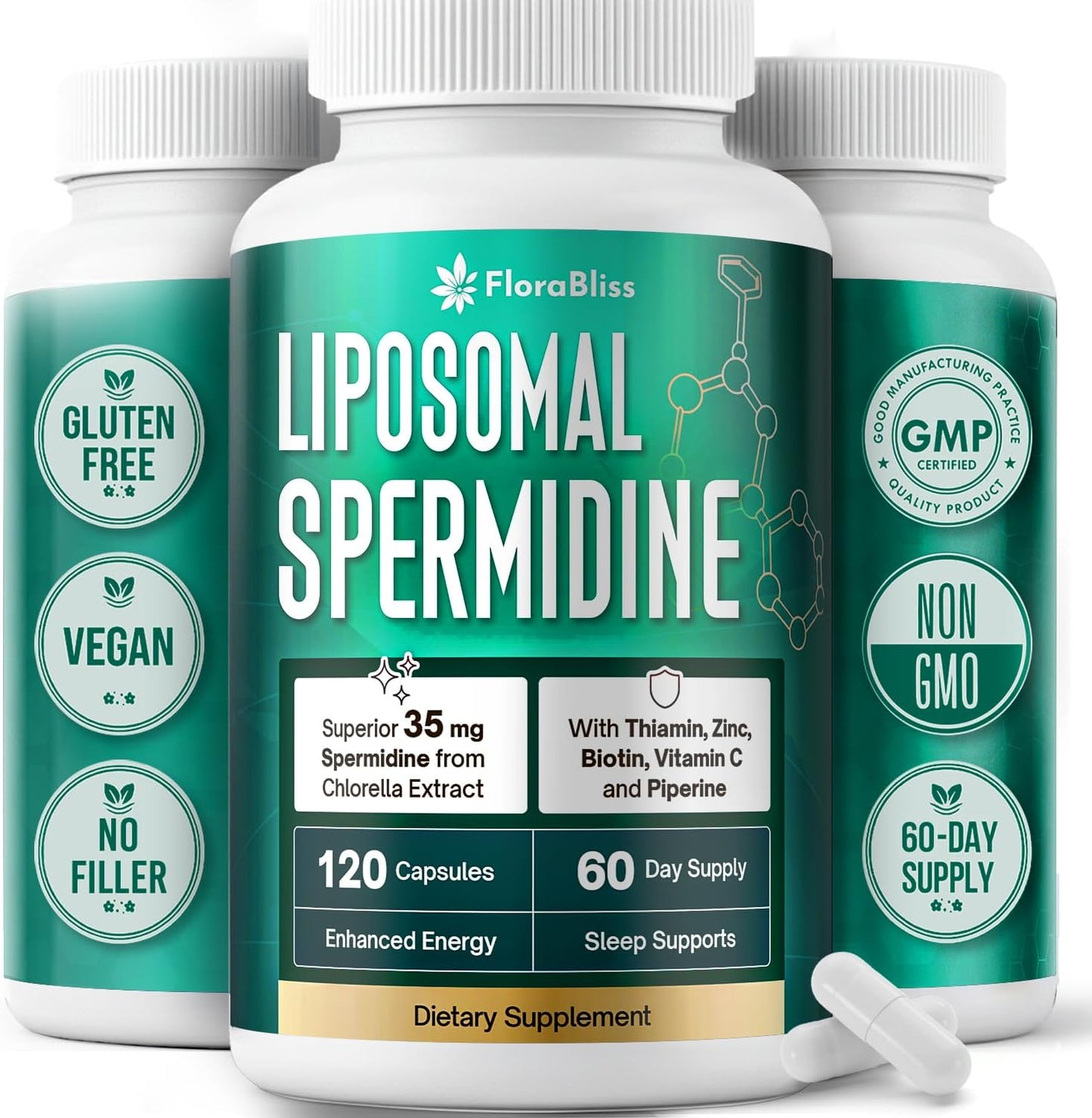 Spermidine Supplement from Chlorella with Thiamin, Zinc, Biotin, & Vitamin C | 120 Capsules | Gluten-Free for Cellular Renewal, Healthy Aging & Vitality Support | 60-Day Supply
