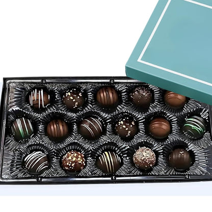 Andy Anand Chocolatier Gluten Free Belgian Dark Chocolate Truffles Gift Box - All-Natural Champagne, Rum, Amaretto, & Black Forest Flavors, Dark Chocolate Liqueur Center Filled Truffles (16 Pcs, 8 Oz)
