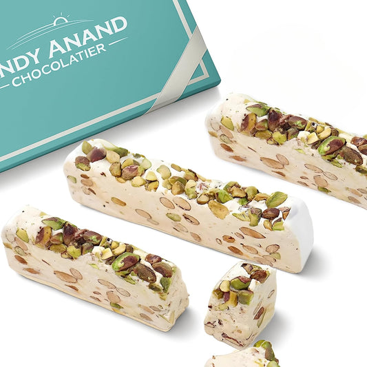 Andy Anand Chocolatier Gluten Free Roasted Pistachios Nougat Brittle – Luxuriously Creamy European Soft Nougat Candy Made with Wildflower Honey & Roasted Nuts (7 Oz)