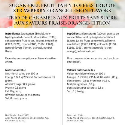 Andy Anand Chocolatier Sugar Free Fruit Taffy Toffees - Trio of Strawberry, Orange & Lemon Flavors, Made in Europe, Individually Wrapped Gluten Free Delicious Assorted Flavored Candies (35 Pcs, 7 Oz)