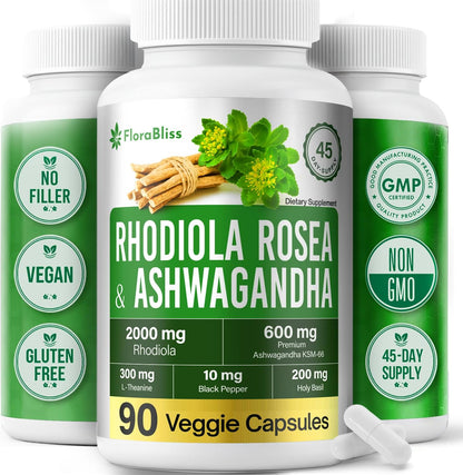 Rhodiola Rosea 2000mg with Ashwagandha KSM-66, L-Theanine, Holy Basil & BioPerine - High Potency Vegan Capsules