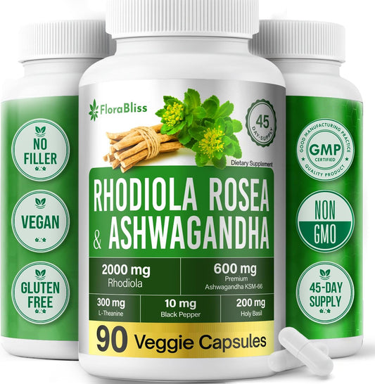 Rhodiola Rosea 2000mg with Ashwagandha KSM-66, L-Theanine, Holy Basil & BioPerine - High Potency Vegan Capsules