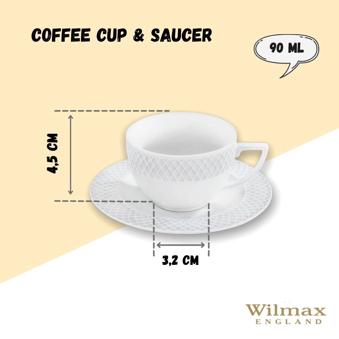 Wilmax Porcelain White 3 Oz | 90 Ml Coffee Cup & Saucer Set Of 6 In Gift Box
