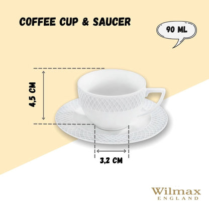 Wilmax Porcelain White 3 Oz | 90 Ml Coffee Cup & Saucer Set Of 6 In Gift Box