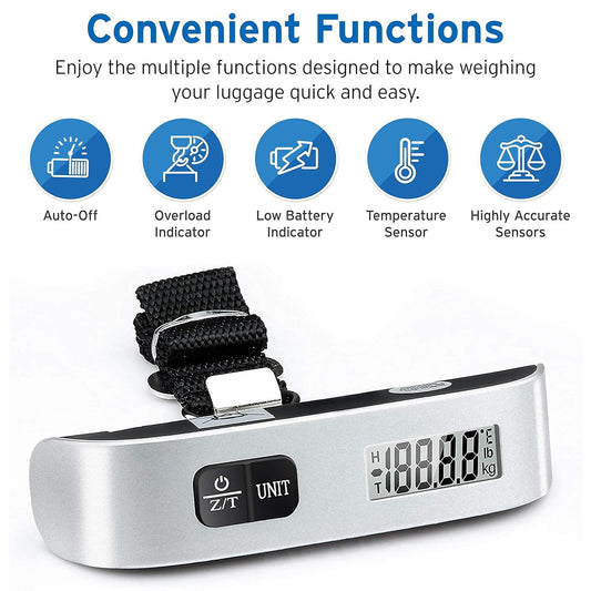 Luggage Scale, Travel Essentials, Digital Suitcase Weight Scales for Travel Accessories, Hanging Baggage Scale with Hook, 110 Pounds, Battery Included, Silver