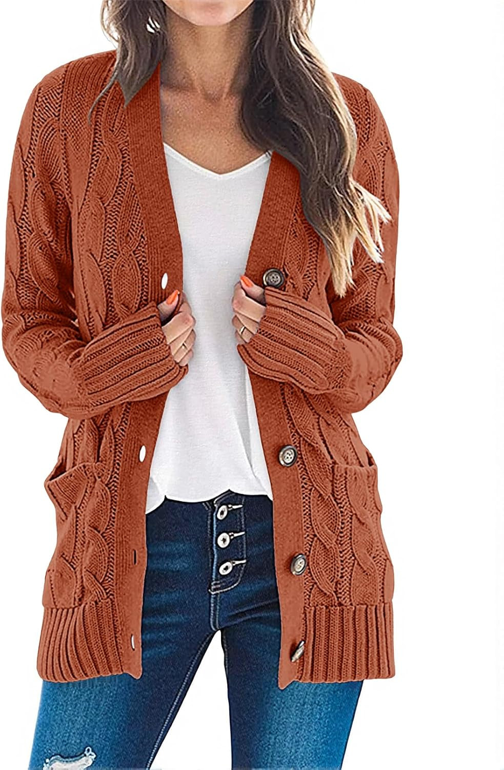 Women'S 2025 Fall Long Sleeve Cable Knit Sweater Open Front Cardigan Button Loose Outerwear