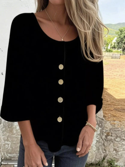 Button-Front 3/4 Sleeve Plus Size Casual Top