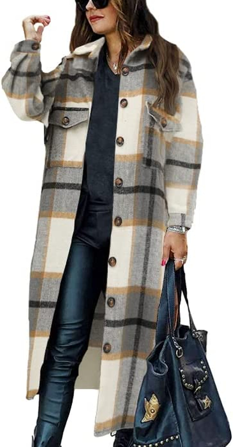 Women'S Flannel Plaid Shacket Fall Oversized Long Button down Shirt Jacket Shackets