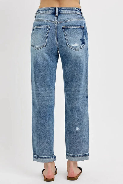 Full Size Mid Rise Boyfriend Star Shadow Detail Cuffed RISEN Jeans