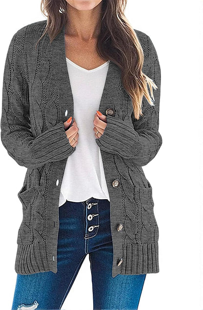 Women'S 2025 Fall Long Sleeve Cable Knit Sweater Open Front Cardigan Button Loose Outerwear