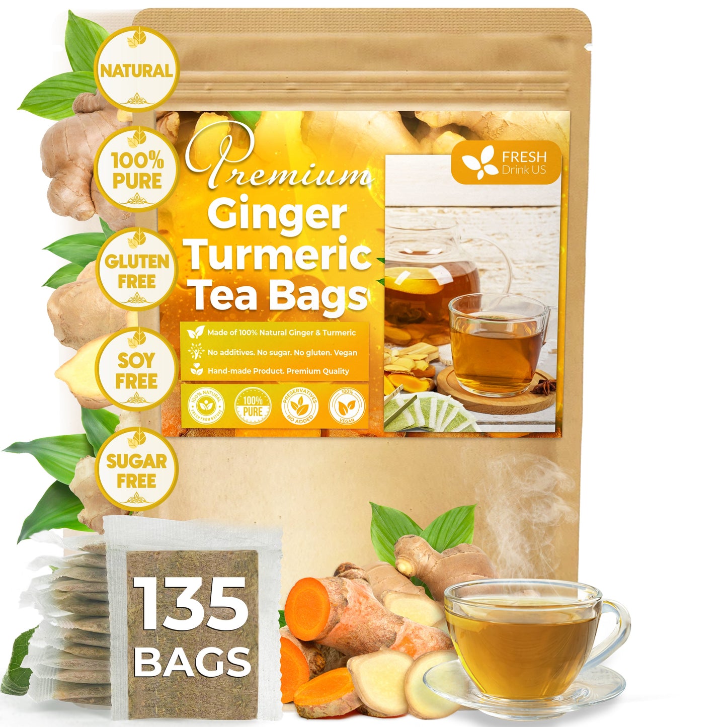 Premium Ginger Turmeric Tea Bags, Hand-made Blend of Ginger and Turmeric Herbal Tea, Eco-conscious Tea Bags. No Sugar, No Caffeine, No Gluten, Vegan.