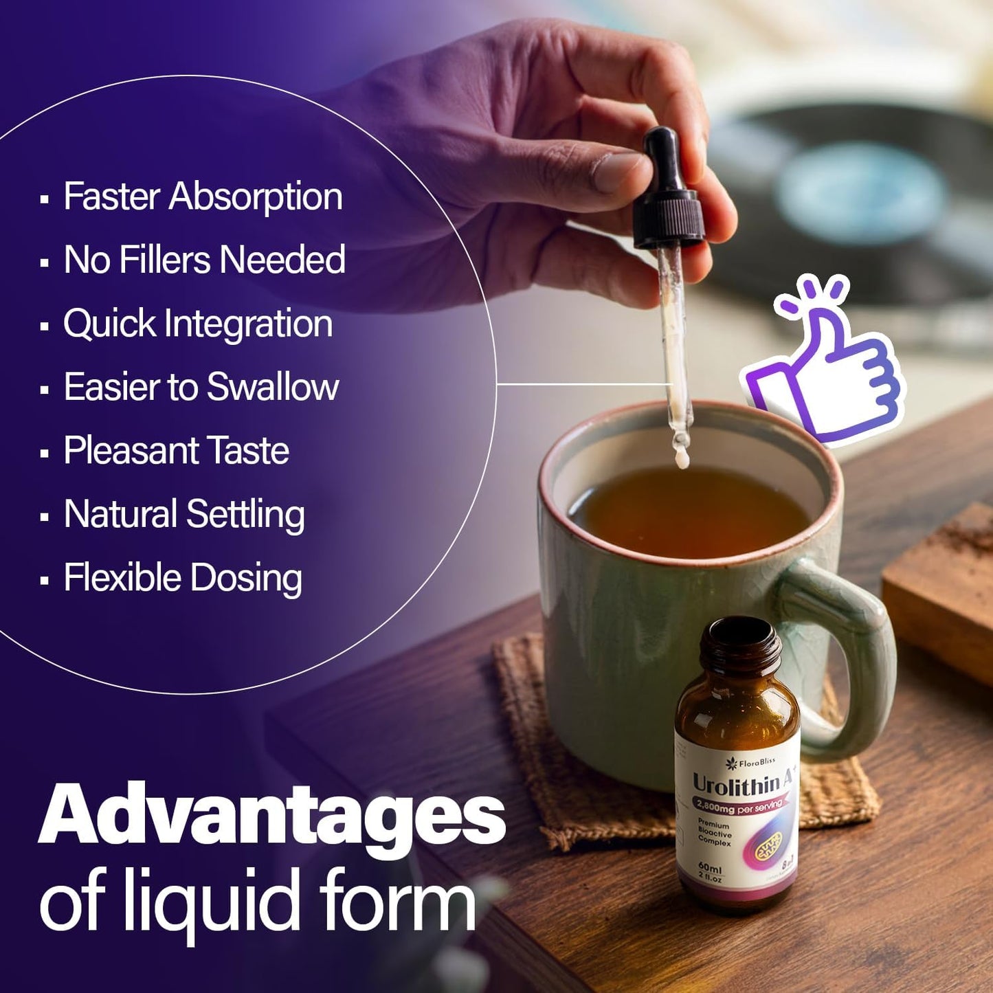 Urolithin A Supplement 2800 mg Liquid Drops | with Trans-Resveratrol, Collagen Peptides, Pomegranate Extract, Hyaluronic Acid, Vitamin E & C