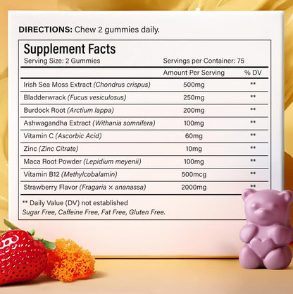 Sea Moss Gummies | Strawberry Flavor Vegan Gummies | Extra Rich 9-in-1 Formulation with Irish Sea Moss, Elderberry, Bladderwrack, Burdock, Ashwagandha, Maca, Zinc, B12 | Energy & Immune Support