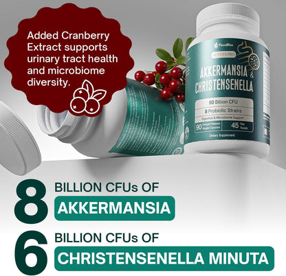Christensenella Minuta and Akkermansia, Bifidobacterium longum, 8 Probiotic Strains, 50 Billion CFU with Cranberry Extract, Gut Health & Immune Support