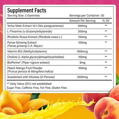 Yerba Mate Gummies – Super Focus & Energy Support – Formulated with Yerba Mate Extract, L-Theanine, Rhodiola, Ginseng, Choline, B12 – Peach Mango Flavor