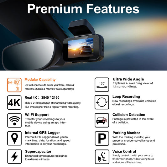 REXING V5C Plus Dash Cam Front 4K & 1080p Cabin Camera w/ Modular Capabilities, WiFi, and GPS