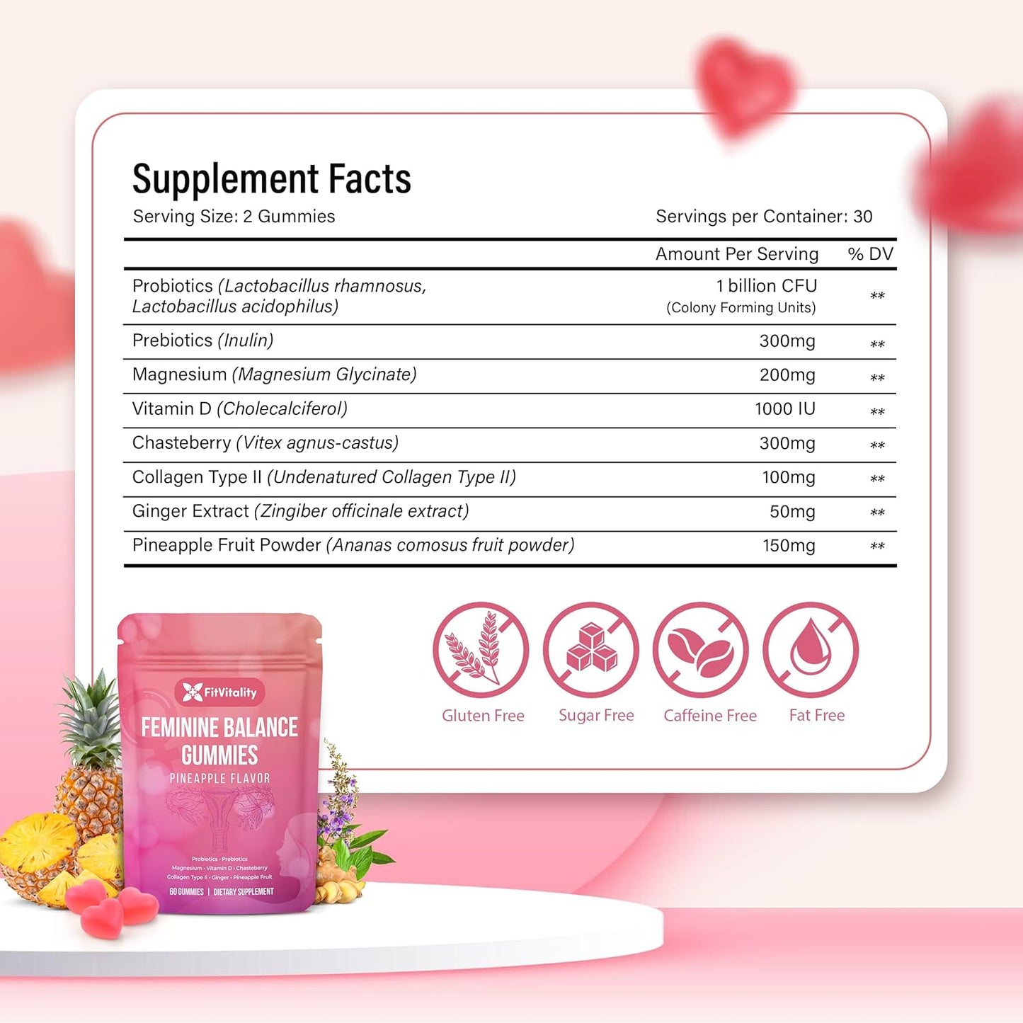 Premium Feminine Balance Gummies – Vaginal Probiotics & Support Digestive Health – Probiotics, Collagen Type II, Chasteberry, Vitamin D & Magnesium